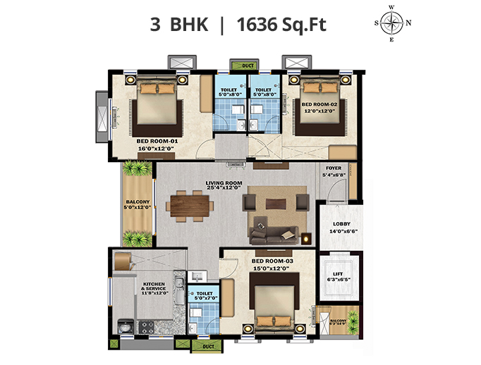 3 BHK | 1636 SQ.FT