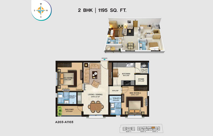 2 BHK | 1195 SQ.FT. Plan