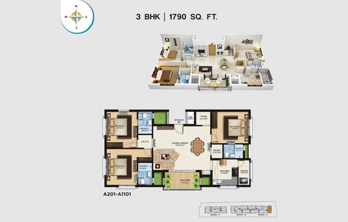 3 BHK - 1790 SQ.FT. Plan