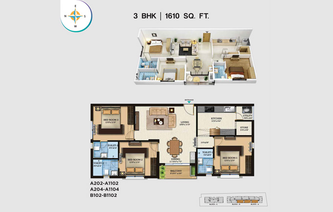 3 BHK - 1610 SQ.FT. Plan