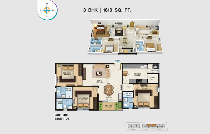 3 BHK - 1610 SQ.FT.