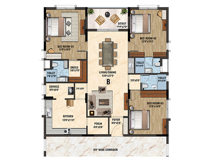 Podium-3BHK - 2133 SQ.FT Floor Plan